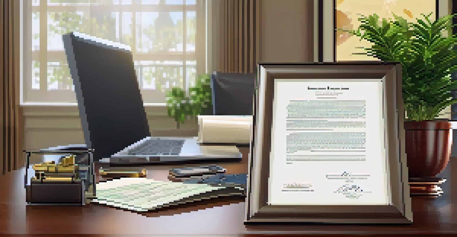 A financial advisor's office with a desk showcasing reports and a life insurance policy, surrounded by warm lighting and professional decor.