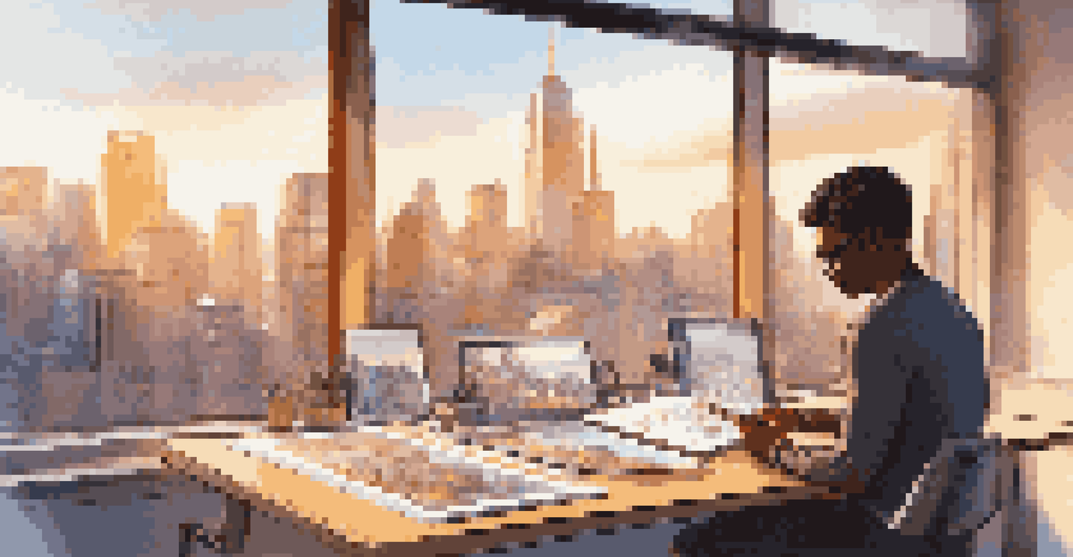 A designer sketching a prototype on a tablet in a bright workspace, with 3D models and a cityscape view.