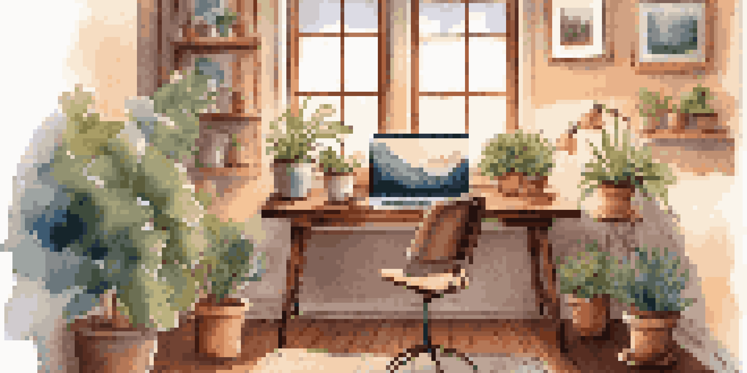 A warm and inviting remote workspace with a wooden desk, laptop, plants, and soft lighting.
