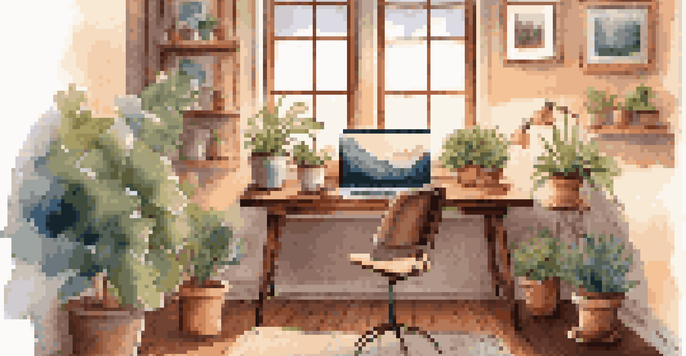 A warm and inviting remote workspace with a wooden desk, laptop, plants, and soft lighting.