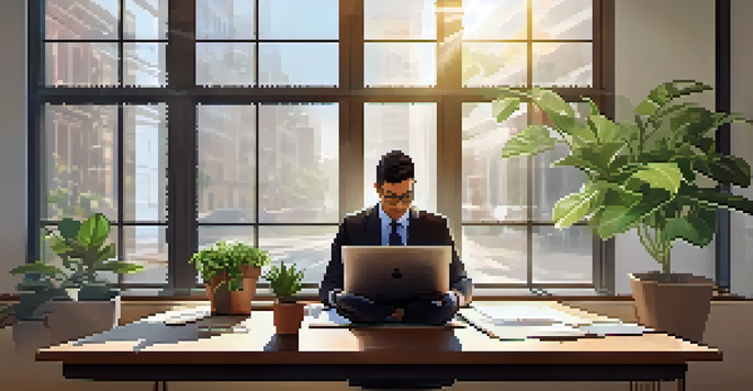 An office scene with a leader reviewing a task list on a tablet, sunlight filtering through windows, and motivational posters on the walls.