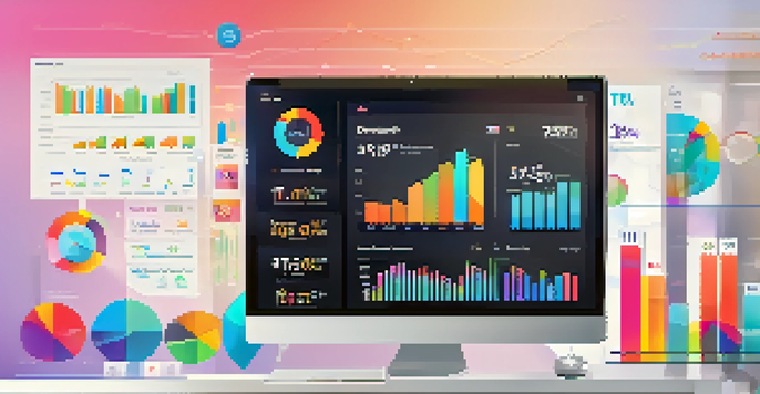 A digital marketing dashboard with colorful graphs and metrics in a modern office setting.