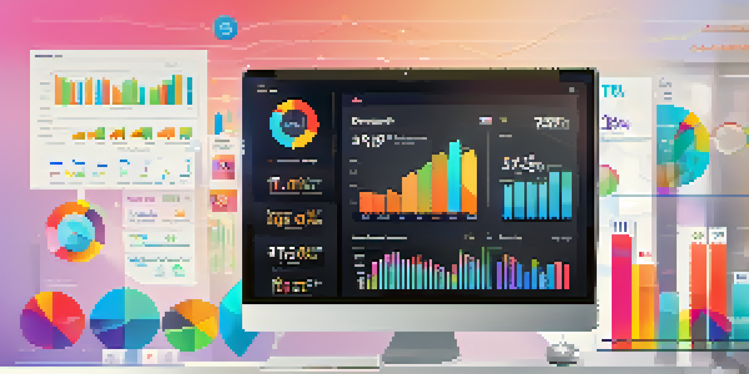 A digital marketing dashboard with colorful graphs and metrics in a modern office setting.
