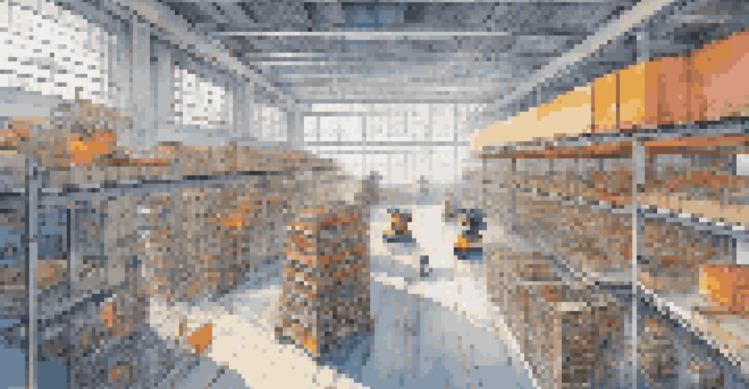 A futuristic warehouse with automated robots moving products, organized and brightly colored interior, illuminated by sunlight from large windows.