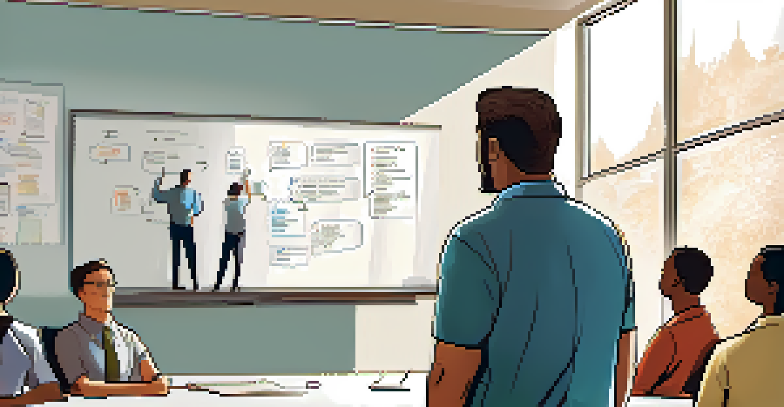 A leader explaining concepts to engaged employees in a bright training room.