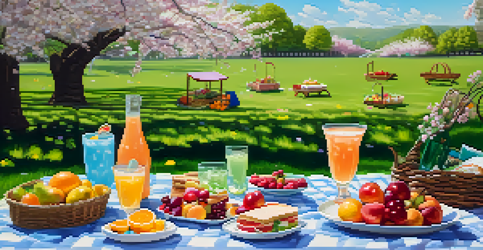 A colorful picnic setup in a park during spring with food on a blanket and cherry blossom trees in the background.