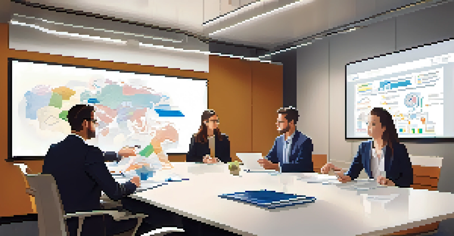 A diverse team in a conference room discussing strategies with charts displayed on the wall.