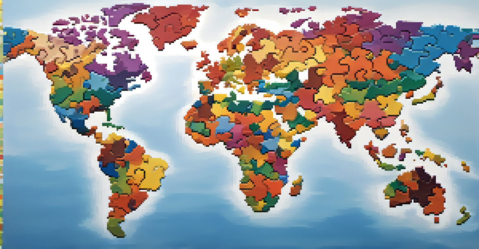 A colorful world map made of puzzle pieces, each representing different cultures, symbolizing teamwork and diversity.