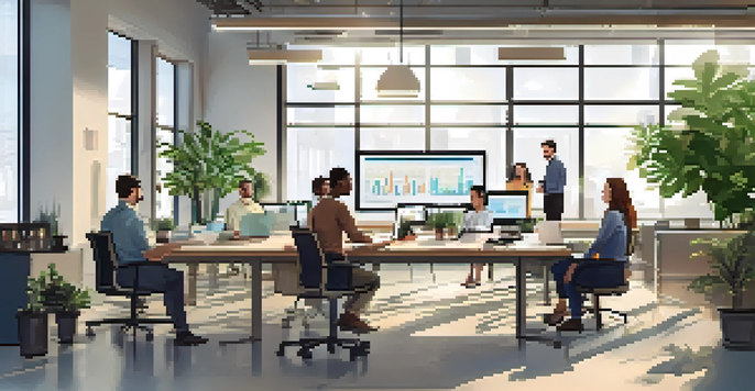 A diverse team of professionals in an office analyzing data and discussing market research insights with charts on the wall.