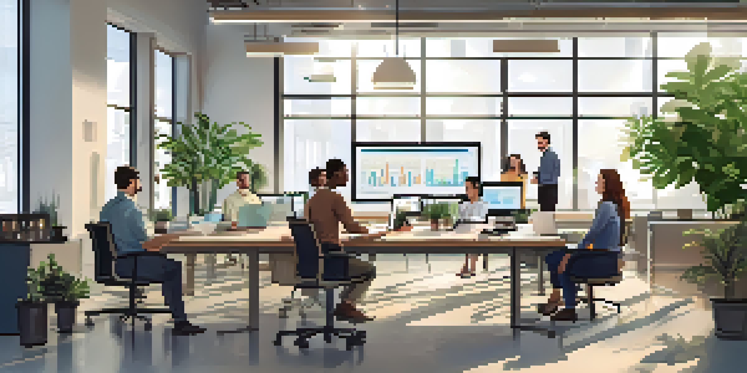 A diverse team of professionals in an office analyzing data and discussing market research insights with charts on the wall.