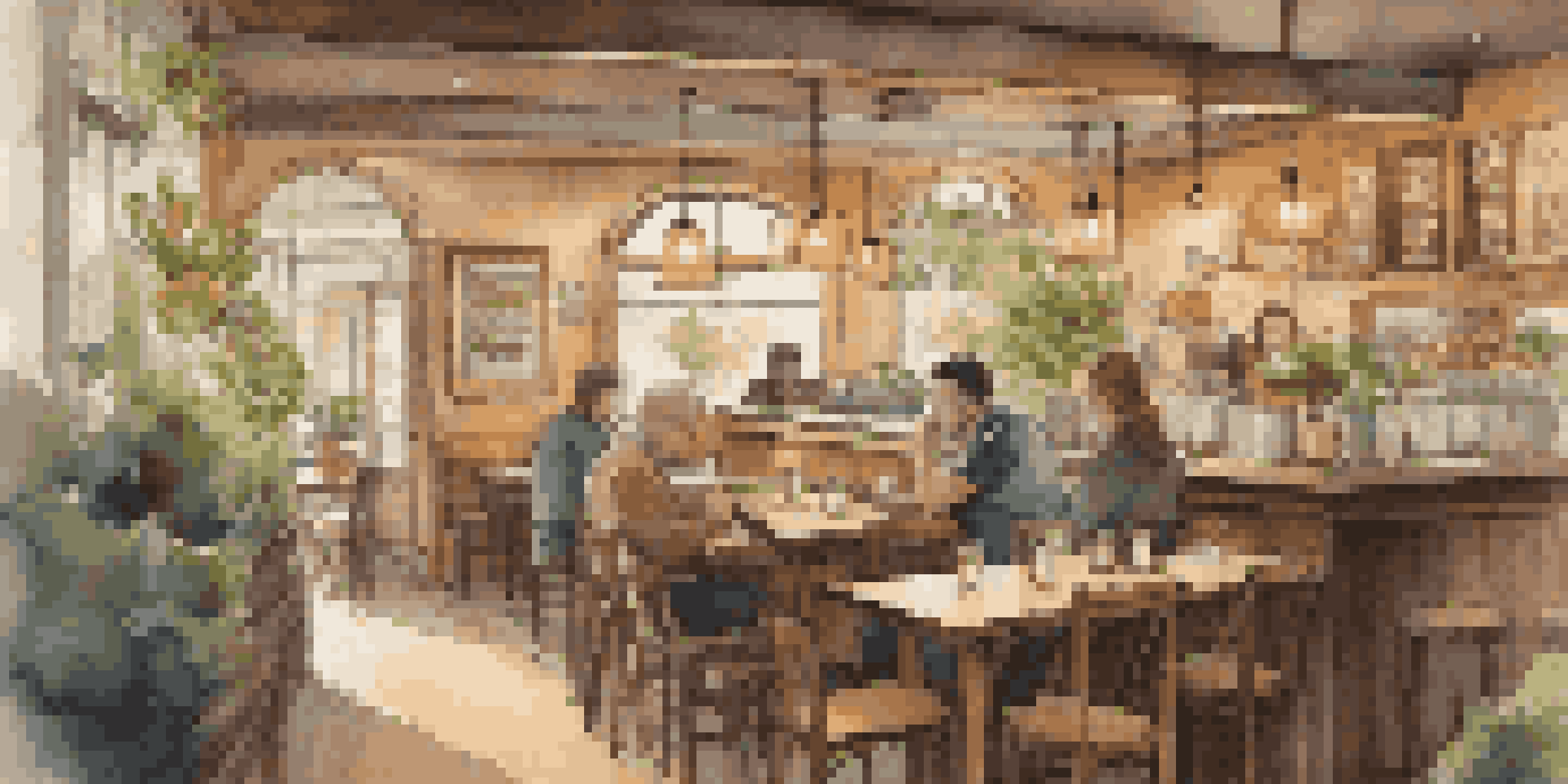 A warm and inviting café interior with customers engaged in conversation, wooden furniture, and plants.