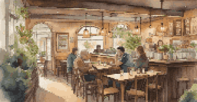 A warm and inviting café interior with customers engaged in conversation, wooden furniture, and plants.