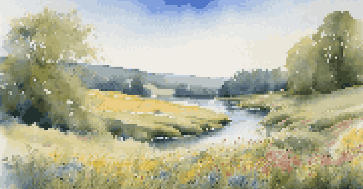 A picturesque landscape with colorful wildflowers, a flowing river, and a wooden bench under a clear blue sky.