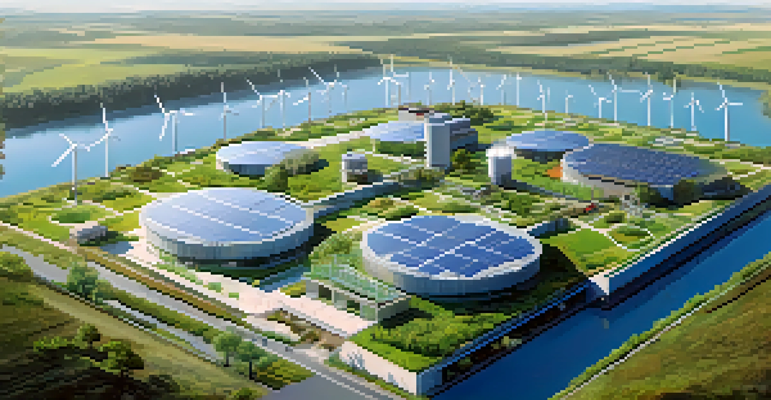 Aerial view of an eco-friendly factory with green roofs, wind turbines, and solar panels in a natural setting.