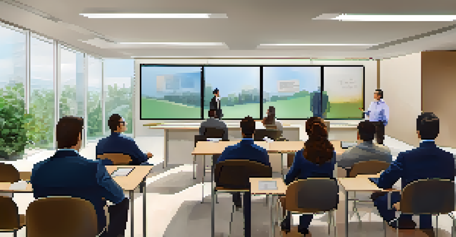 A training session with employees listening to a speaker in a well-lit conference room.