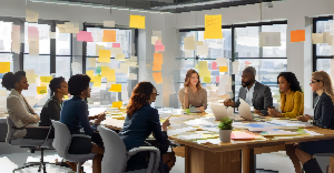 A diverse team of professionals brainstorming together in a modern office environment, surrounded by notes and sketches.