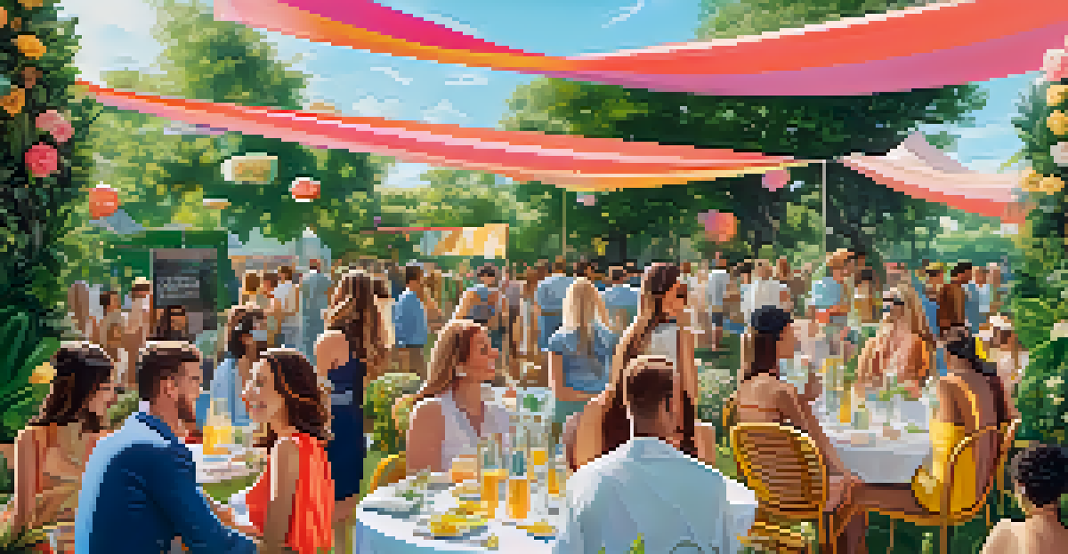 An outdoor influencer event in a lush garden with colorful banners and influencers socializing under a blue sky.