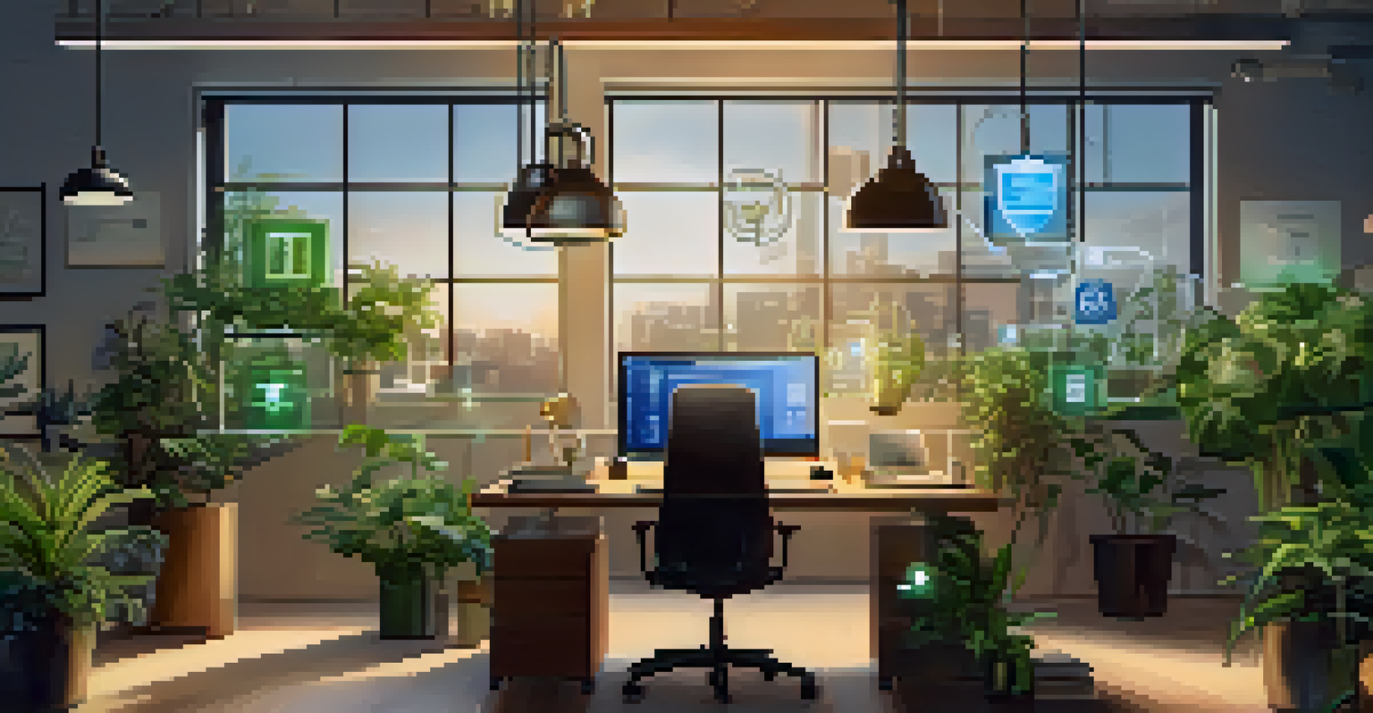 A person working in a cozy office space on a laptop, with security icons like shields and padlocks floating around.