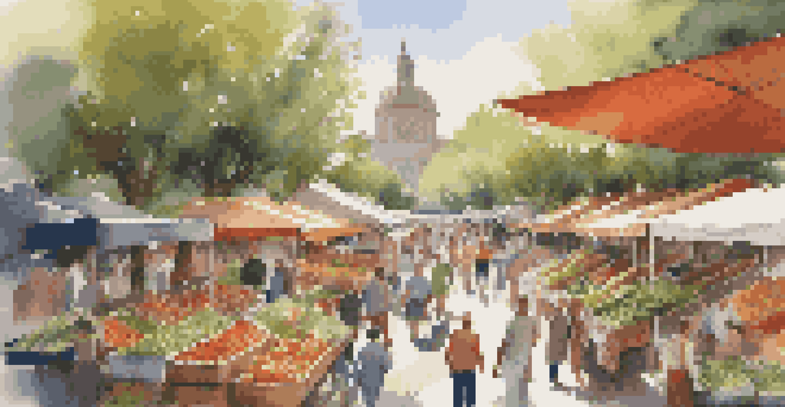 A vibrant farmer's market with colorful stalls of fresh produce and people shopping under sunlight.