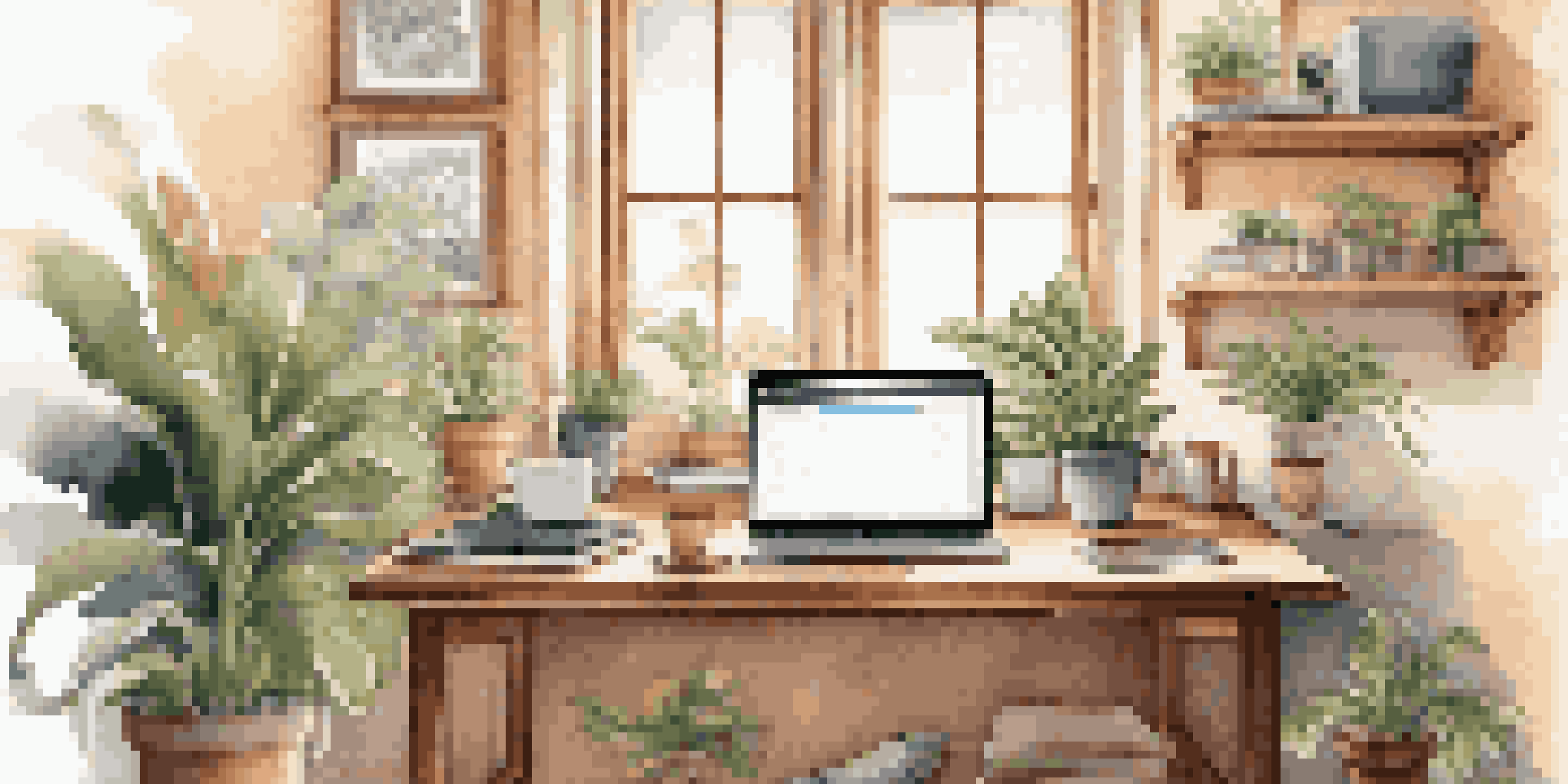 A warm and inviting workspace with a wooden desk, laptop, plants, and a cup of coffee, illuminated by natural light.