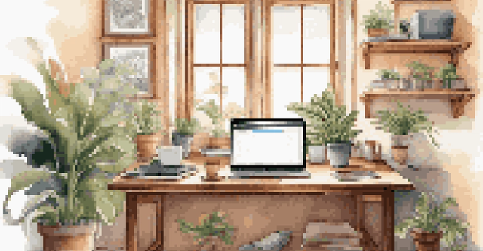 A warm and inviting workspace with a wooden desk, laptop, plants, and a cup of coffee, illuminated by natural light.