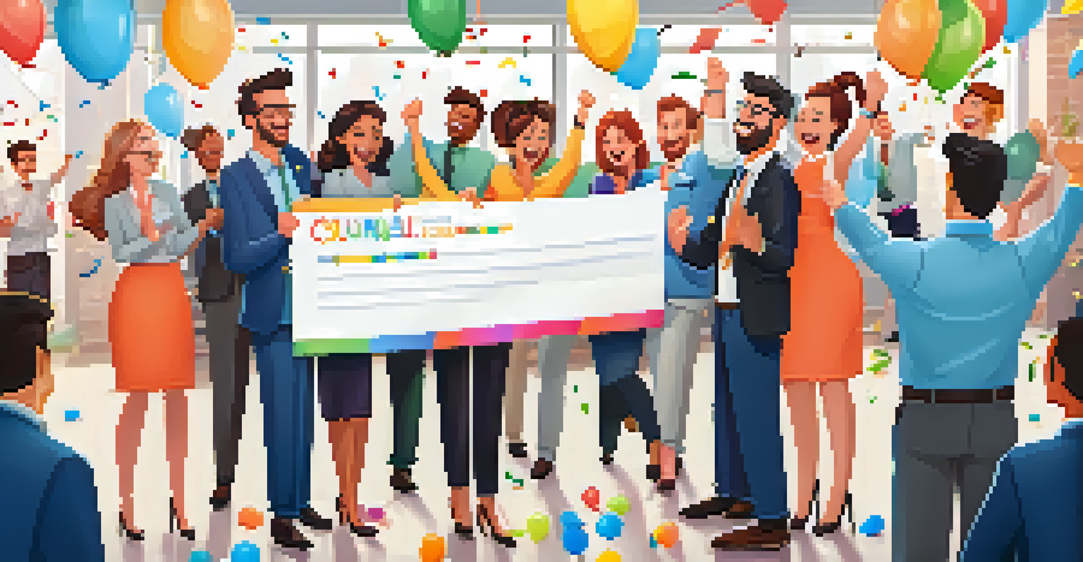 Team members celebrating in an office with a banner congratulating them on achieving sales goals, surrounded by balloons and confetti.