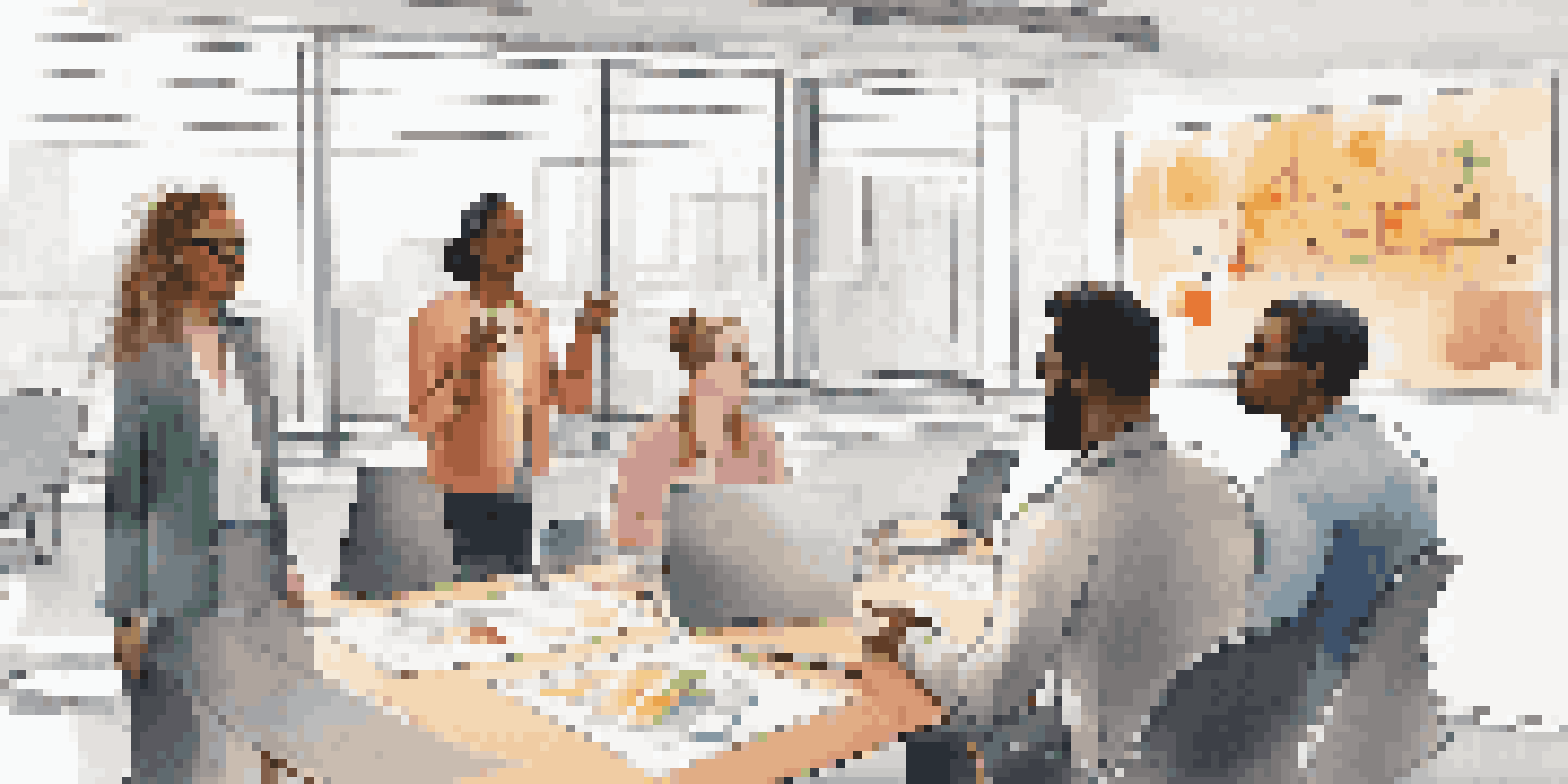 A diverse team of professionals in a bright modern office collaborating around a whiteboard filled with colorful diagrams.