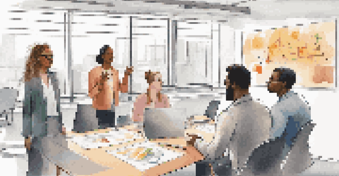 A diverse team of professionals in a bright modern office collaborating around a whiteboard filled with colorful diagrams.