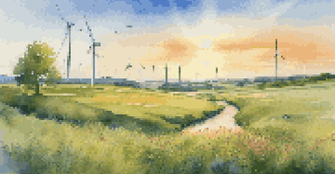 A picturesque landscape with solar panels and a wind turbine, showcasing renewable energy in a vibrant green field with wildflowers.