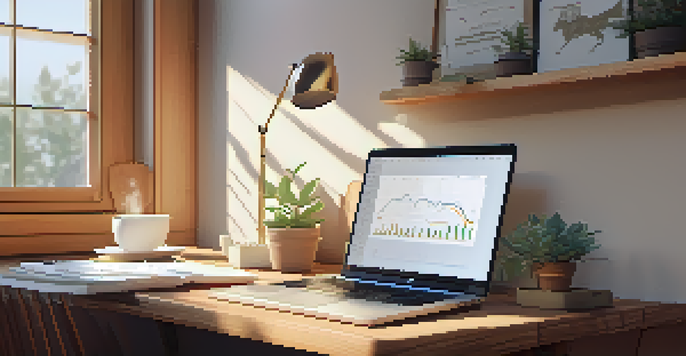 A calming office scene featuring a wooden desk with a laptop, notepad, and coffee cup, bathed in soft morning light.