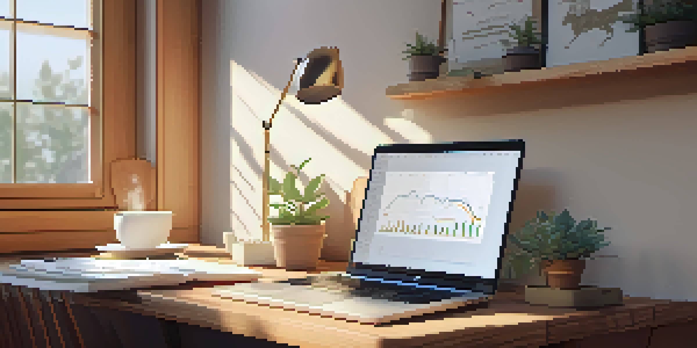 A calming office scene featuring a wooden desk with a laptop, notepad, and coffee cup, bathed in soft morning light.