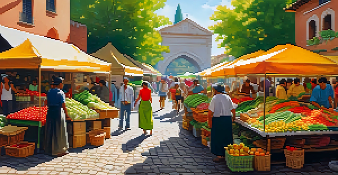 A colorful urban marketplace with various vendors selling fresh produce and crafts, bustling with shoppers under a sunny sky.