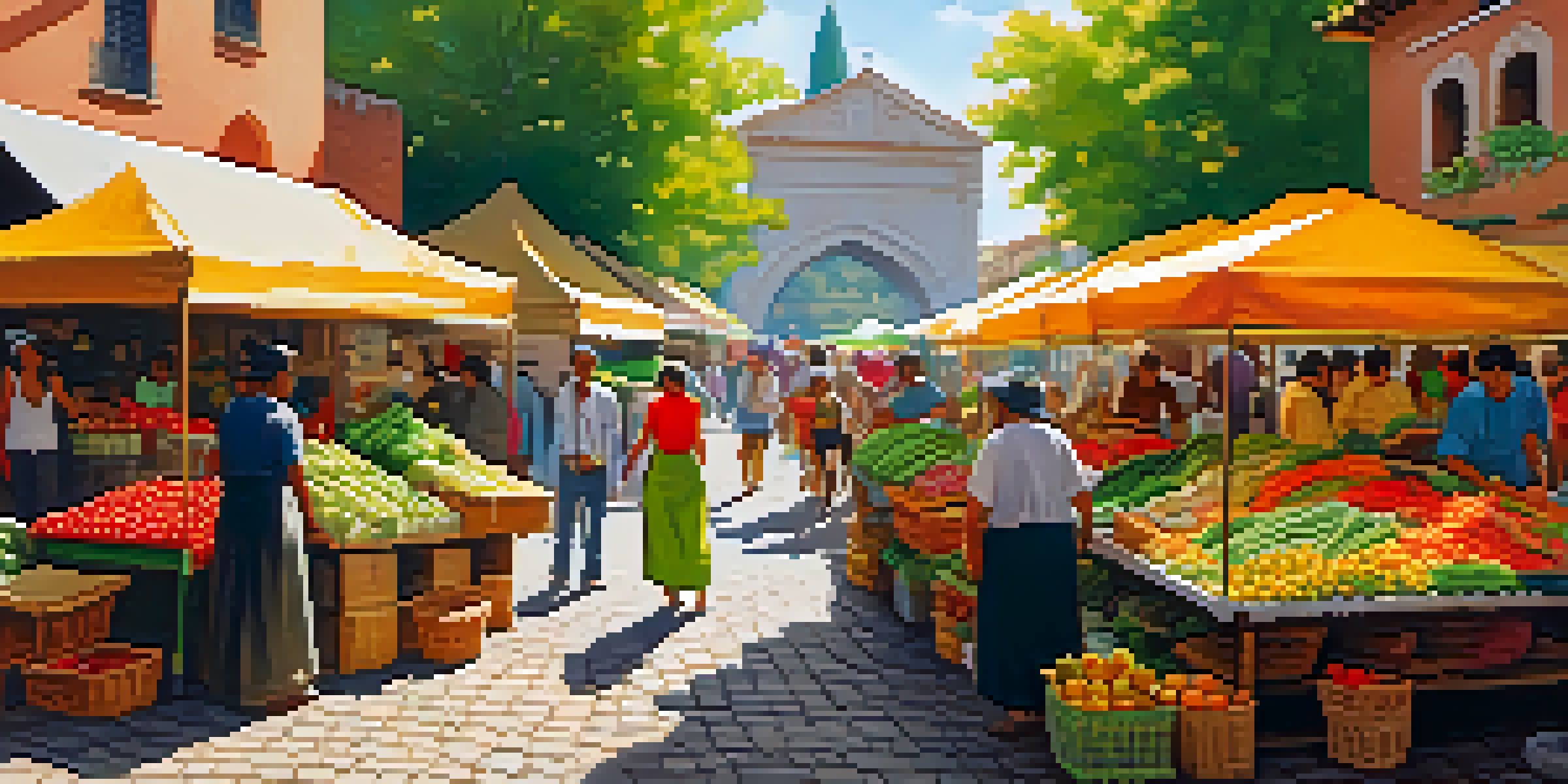 A colorful urban marketplace with various vendors selling fresh produce and crafts, bustling with shoppers under a sunny sky.