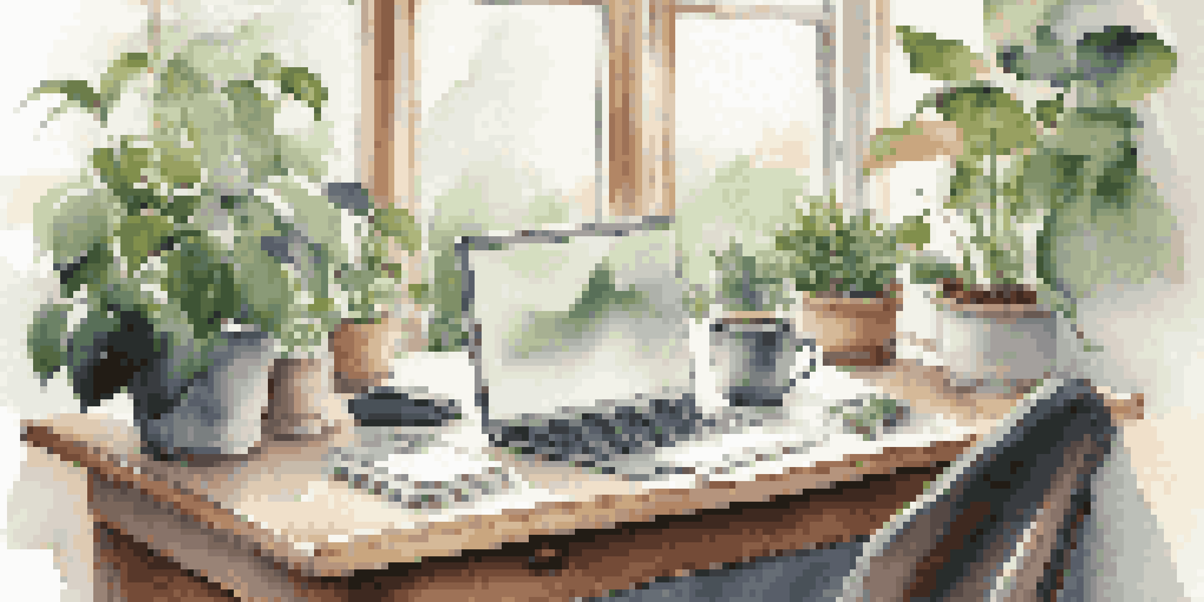 A peaceful office desk with a laptop, notepad, coffee cup, and green plants, illuminated by soft natural light.