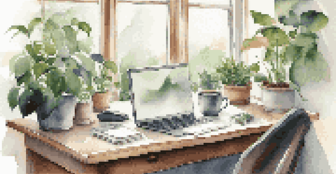 A peaceful office desk with a laptop, notepad, coffee cup, and green plants, illuminated by soft natural light.