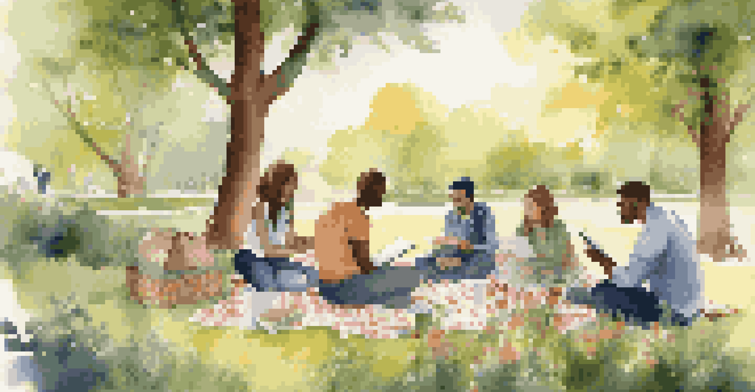 A diverse group of people brainstorming outdoors on a picnic blanket, surrounded by nature and greenery.