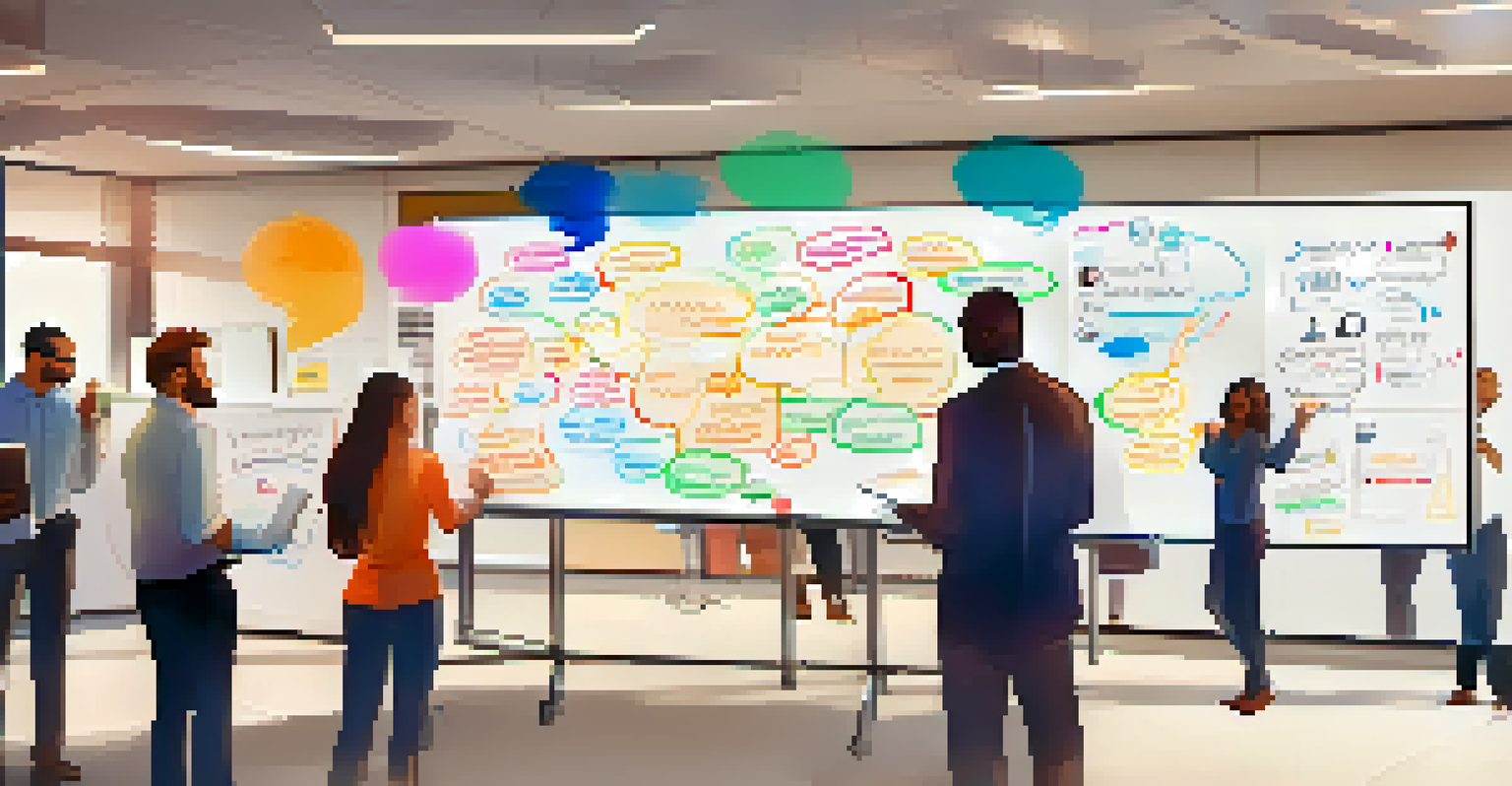 A team member writing on a glass whiteboard with colorful markers, surrounded by engaged colleagues.