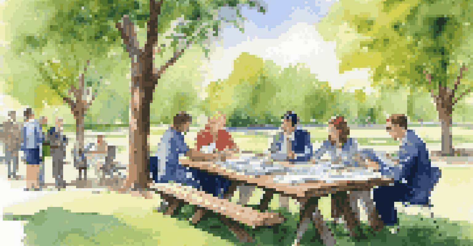 A group of professionals meeting outdoors at a picnic table, reviewing documents related to SWOT analysis in a lush park with green trees and a blue sky.