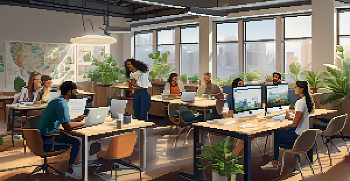 A diverse team working together in a bright startup office, discussing ideas around a table with laptops and coffee cups.