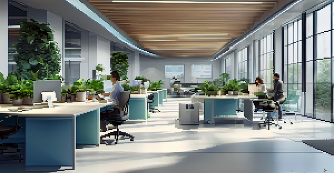 A bright and modern office with diverse employees discussing around digital devices, plants, and sleek furniture.