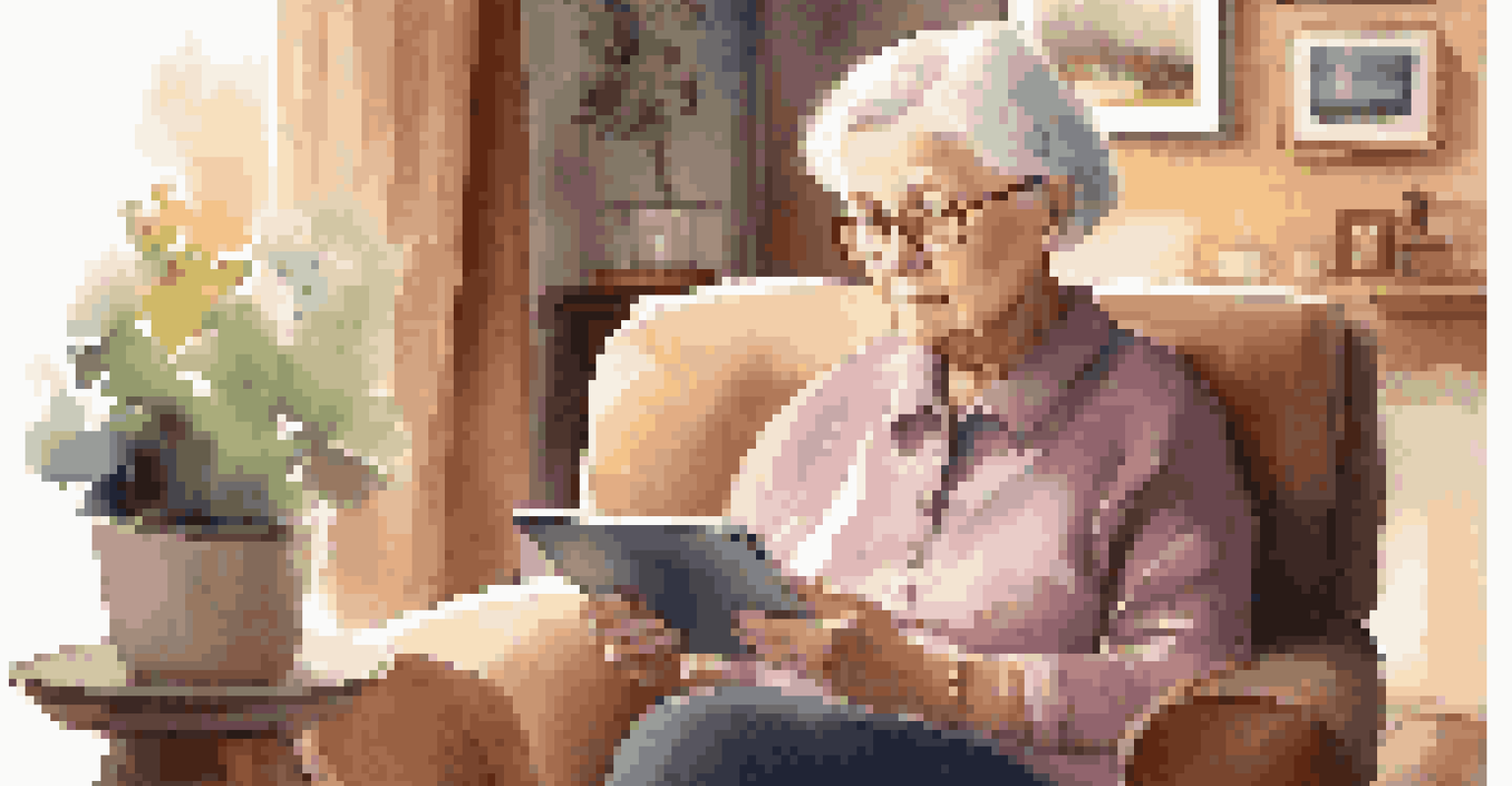 An elderly woman focused on using a user-friendly mobile app on her tablet in a cozy living room.