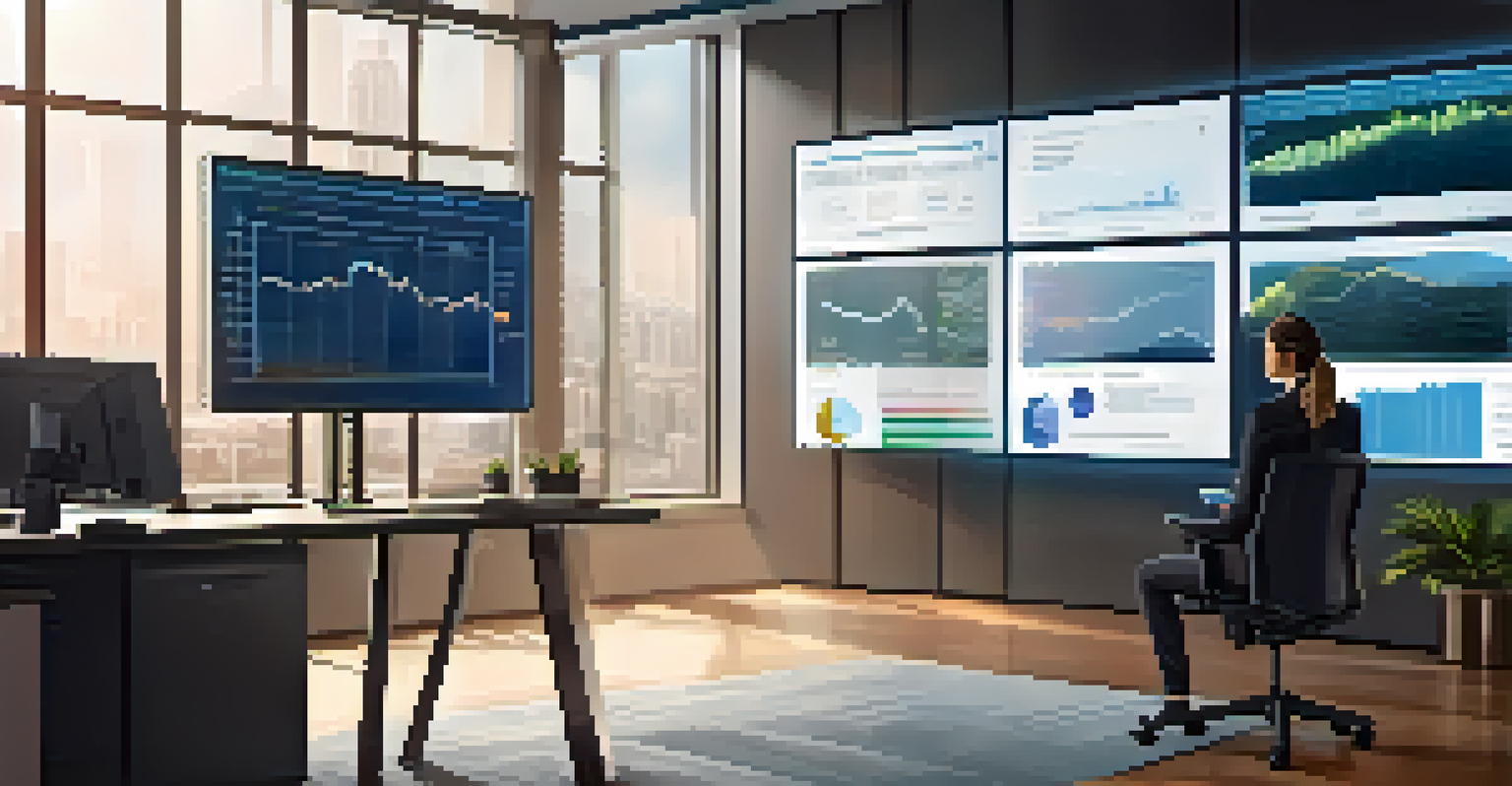 A business professional in a well-lit office looking at a screen showing a blockchain ledger with graphs and data, emphasizing the analysis of asset tokenization.