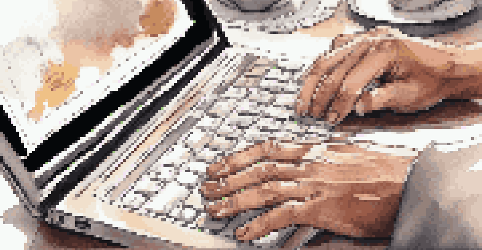Close-up of hands typing on a laptop with a notepad and a pen beside, creating a warm and focused atmosphere.