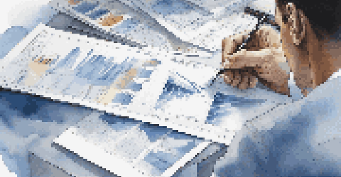 A business professional closely examining a competitive analysis report with charts and graphs on a desk, illuminated by bright lighting.