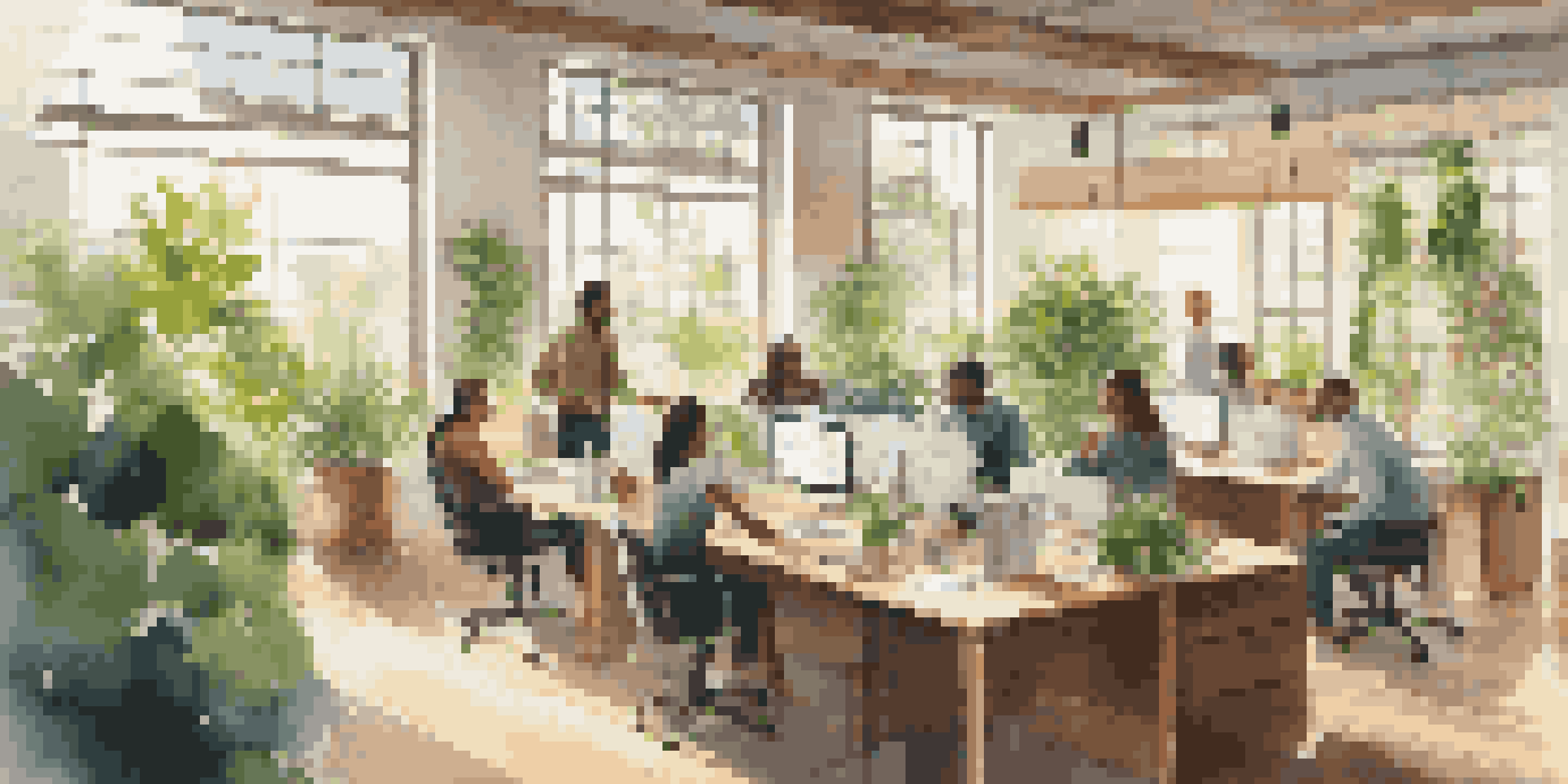 A sunlit office filled with plants, showcasing employees working together at a large table.