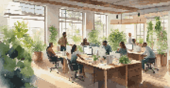 A sunlit office filled with plants, showcasing employees working together at a large table.