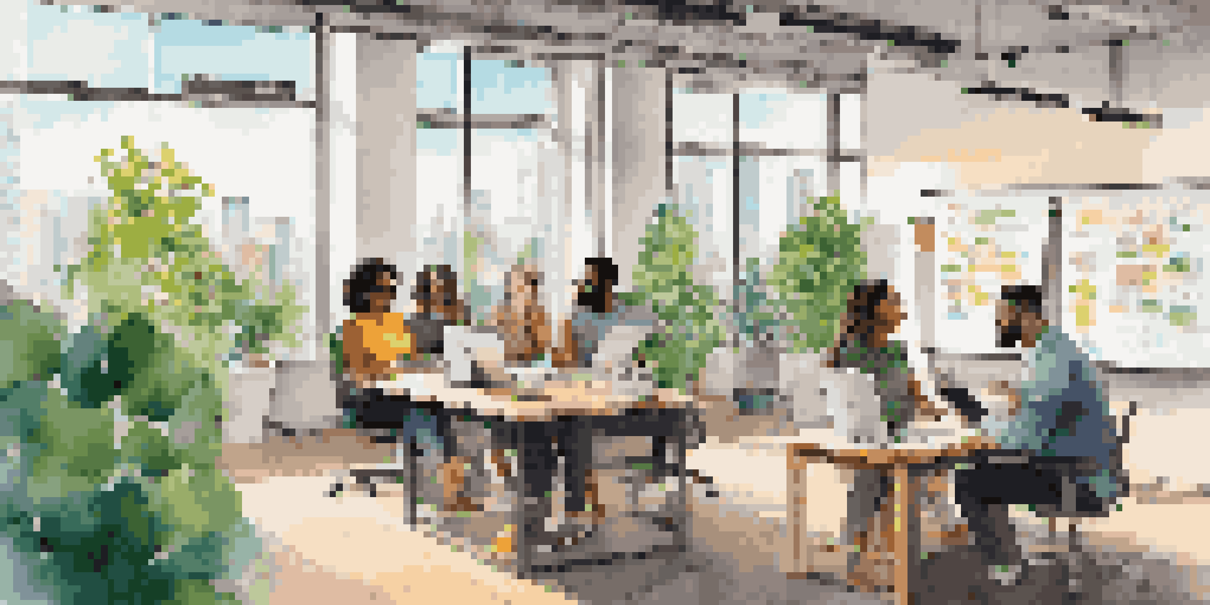 A group of diverse entrepreneurs collaborating in a bright co-working space, surrounded by laptops and notes, with a city skyline visible outside.