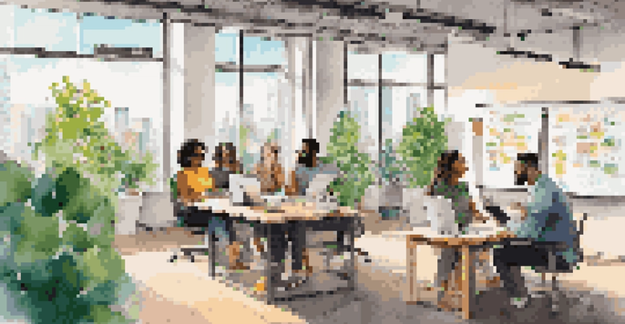 A group of diverse entrepreneurs collaborating in a bright co-working space, surrounded by laptops and notes, with a city skyline visible outside.