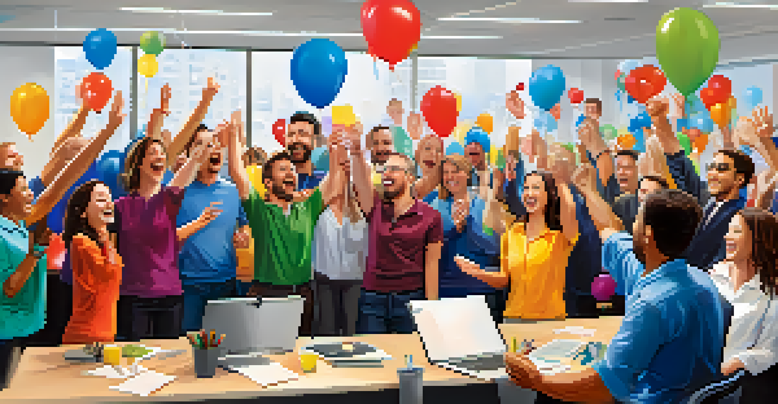 Employees celebrating achievements in a lively office environment with balloons and banners.