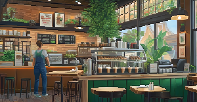 A welcoming coffee shop with wooden tables, plants, and a barista, lit by warm lighting.